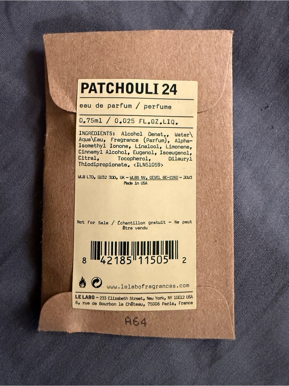 Le Labo Patchouli 24 Eau de Perfume Scented Patchouli Sample Travel